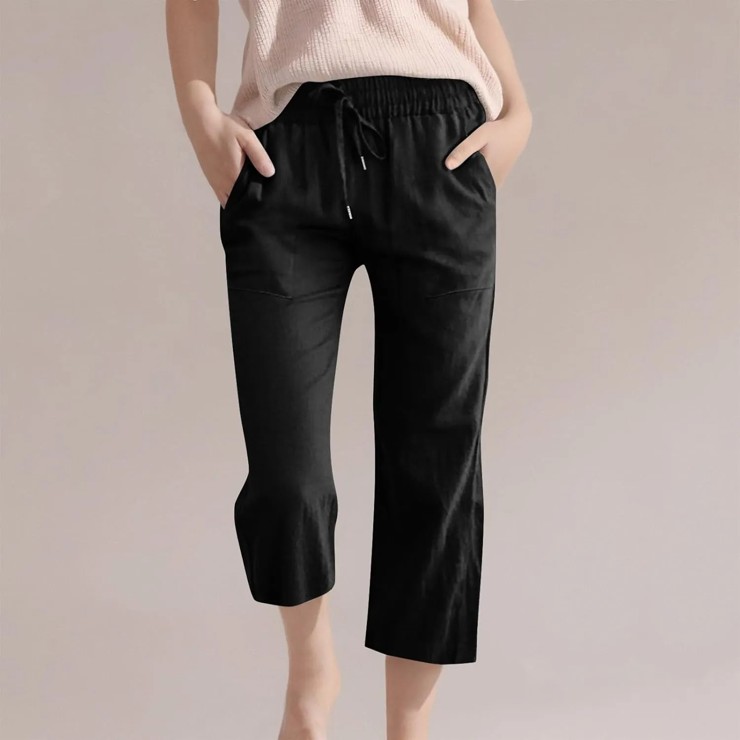 Girls 3/4 Linen Straight Wide Leg Pants Baggy Solid Color High Elastic Waist Trousers Lightweight Pants with Pockets