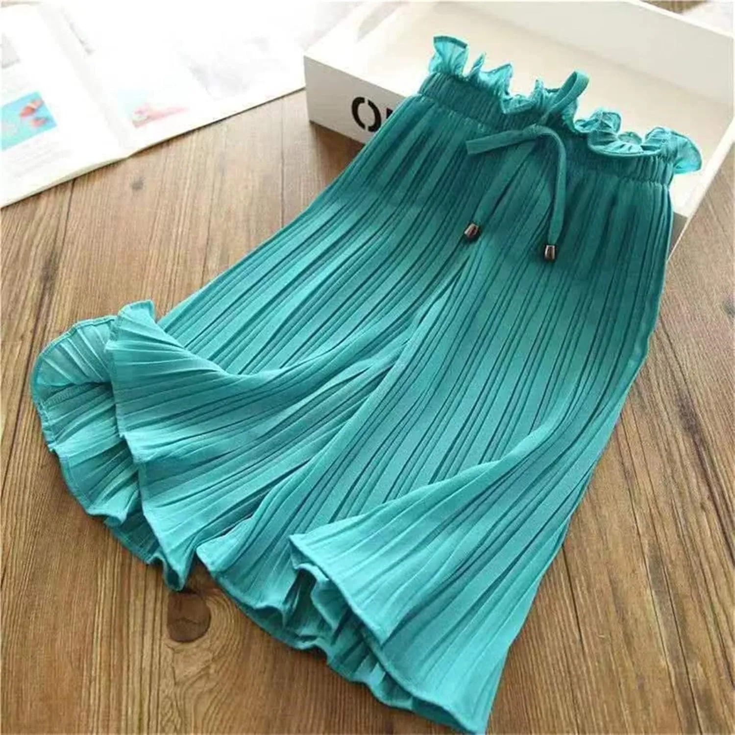 Girls Wide Leg Ruffle Pants Baggy Flowy Trim Cropped Elastic Waist Lightweight Trousers Casual Loose Pants Clothes