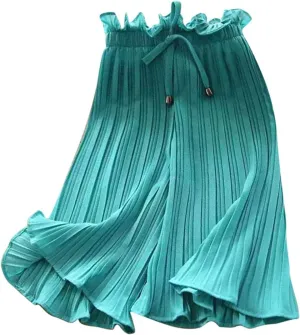 Girls Wide Leg Ruffle Pants Baggy Flowy Trim Cropped Elastic Waist Lightweight Trousers Casual Loose Pants Clothes