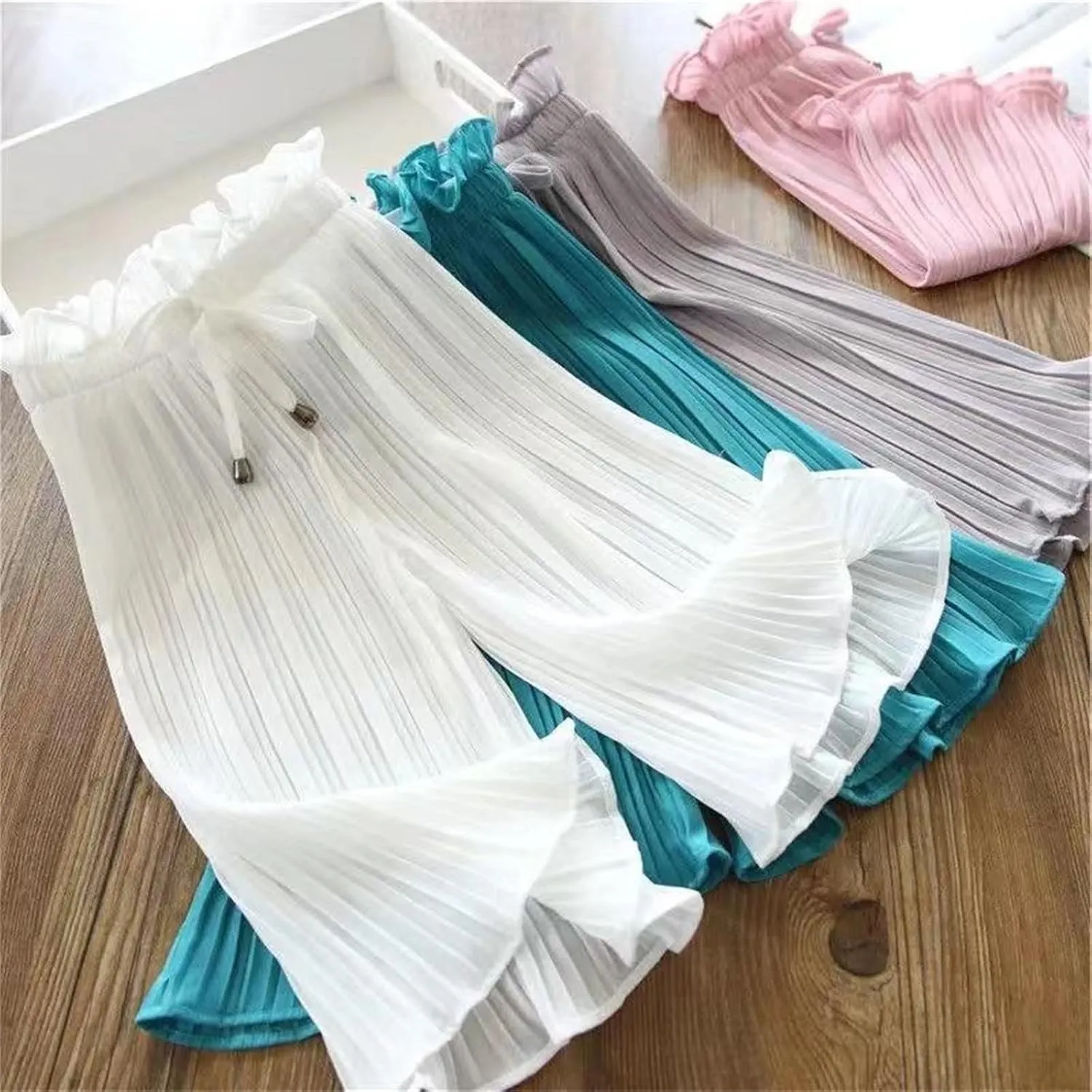 Girls Wide Leg Ruffle Pants Baggy Flowy Trim Cropped Elastic Waist Lightweight Trousers Casual Loose Pants Clothes