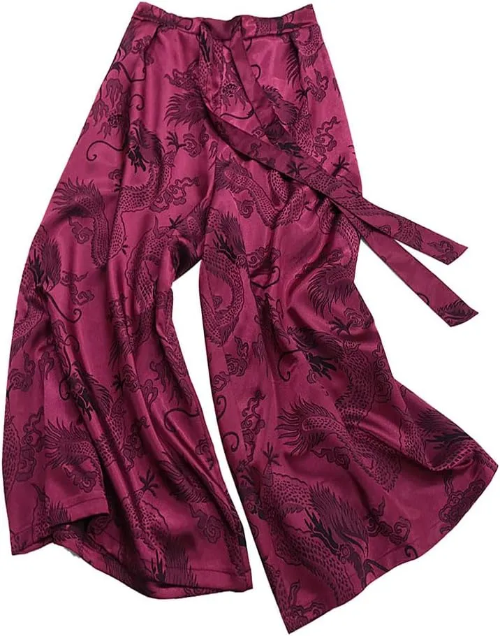 HZCX FASHION Mens Womens Baggy Relax Wide Leg Palazzo Pant Dragon Satin Kung Fu Slacks Casual Trousers Lightweight Yoga Pants