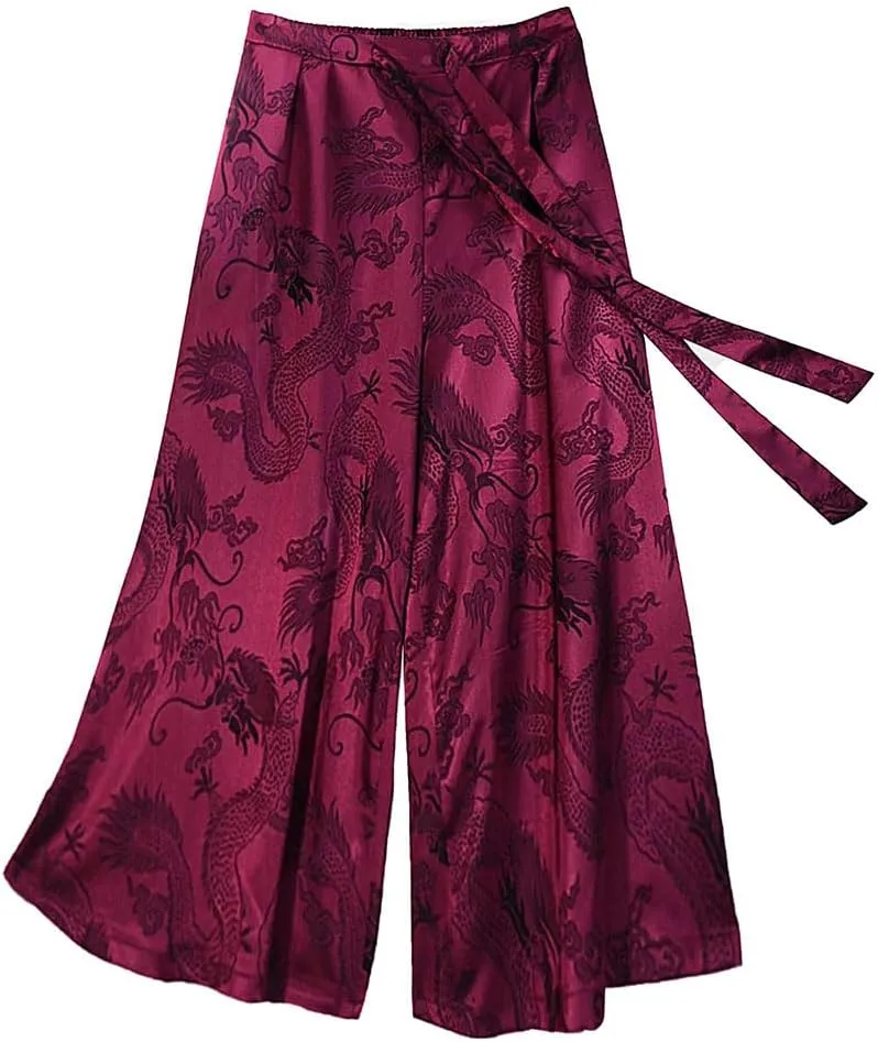HZCX FASHION Mens Womens Baggy Relax Wide Leg Palazzo Pant Dragon Satin Kung Fu Slacks Casual Trousers Lightweight Yoga Pants