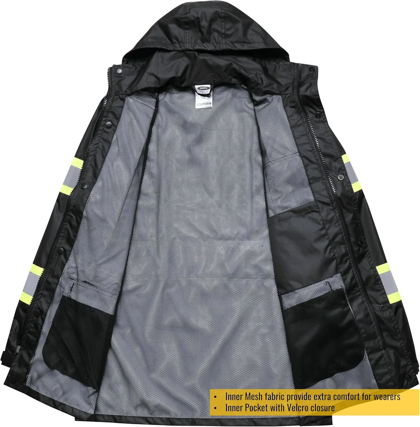 JKSafety Hi-Vis Reflective Safety Rain Jacket and Pants for Men Women Waterproof Rain Gears for Farming Fishing Work HV Rain Suit with Inner Mesh Lining and Pockets (117-Black M)