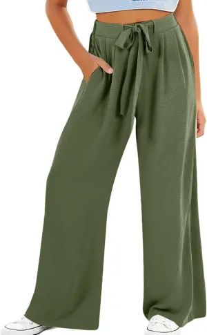 Kids Girls Baggy Palazzo Pants Loose Wide Leg Straight Drawsting High Waist Trousers Daily Lightweight Trendy Pants