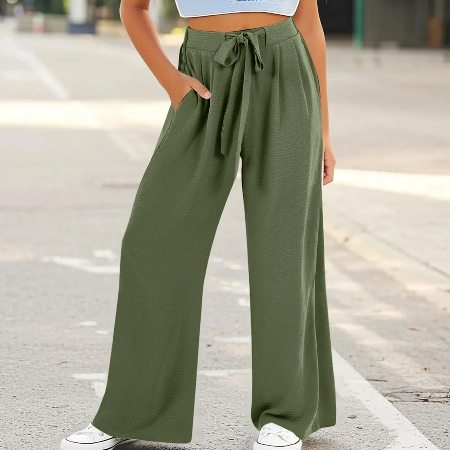 Kids Girls Baggy Palazzo Pants Loose Wide Leg Straight Drawsting High Waist Trousers Daily Lightweight Trendy Pants