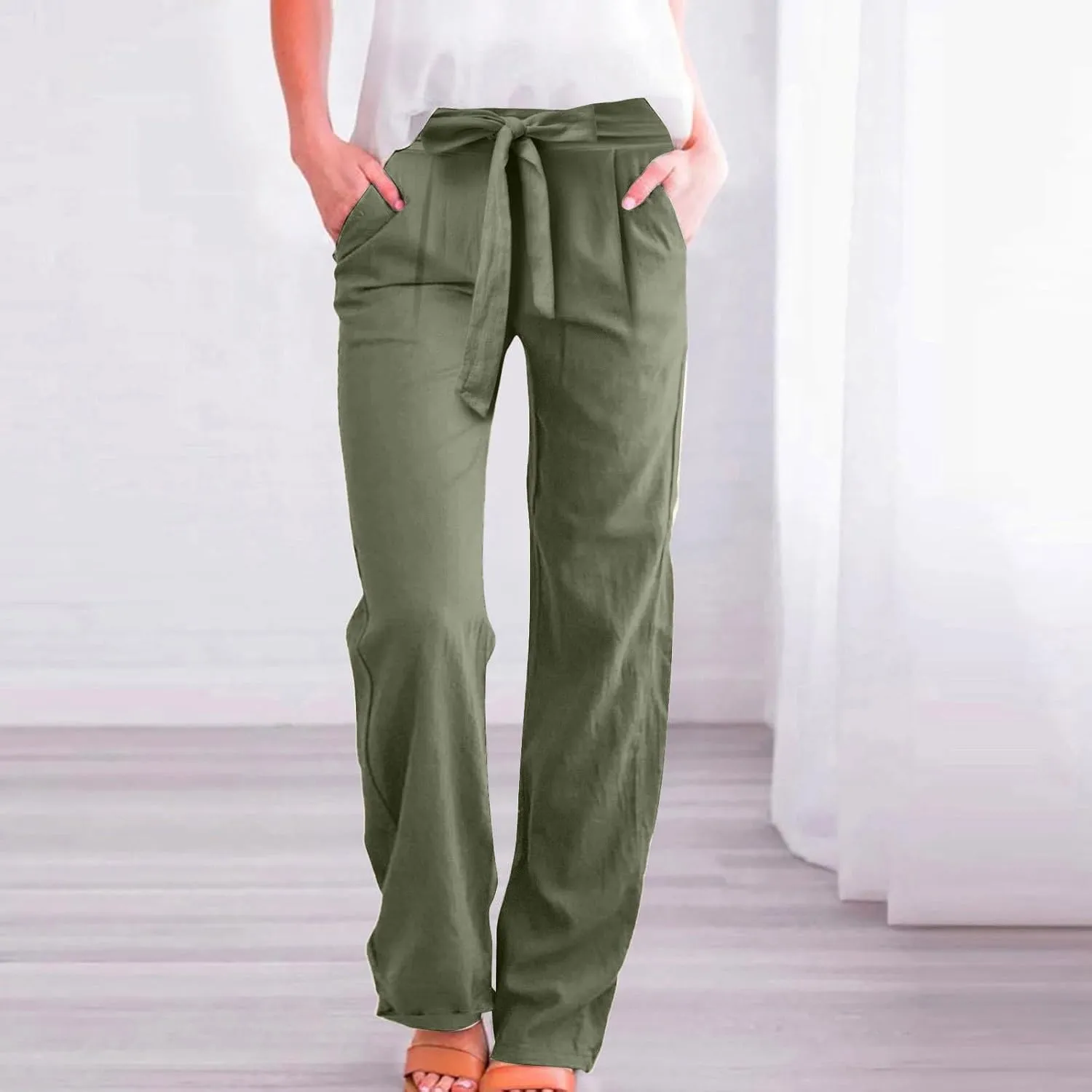 Linen Pants Women Plus Size Business Dress Pants Summer Tie Knot Wide Leg Pant High Waisted Palazzo Pant