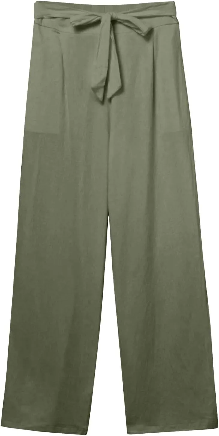 Linen Pants Women Plus Size Business Dress Pants Summer Tie Knot Wide Leg Pant High Waisted Palazzo Pant