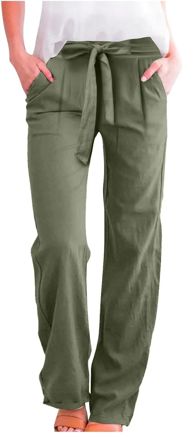 Linen Pants Women Plus Size Business Dress Pants Summer Tie Knot Wide Leg Pant High Waisted Palazzo Pant