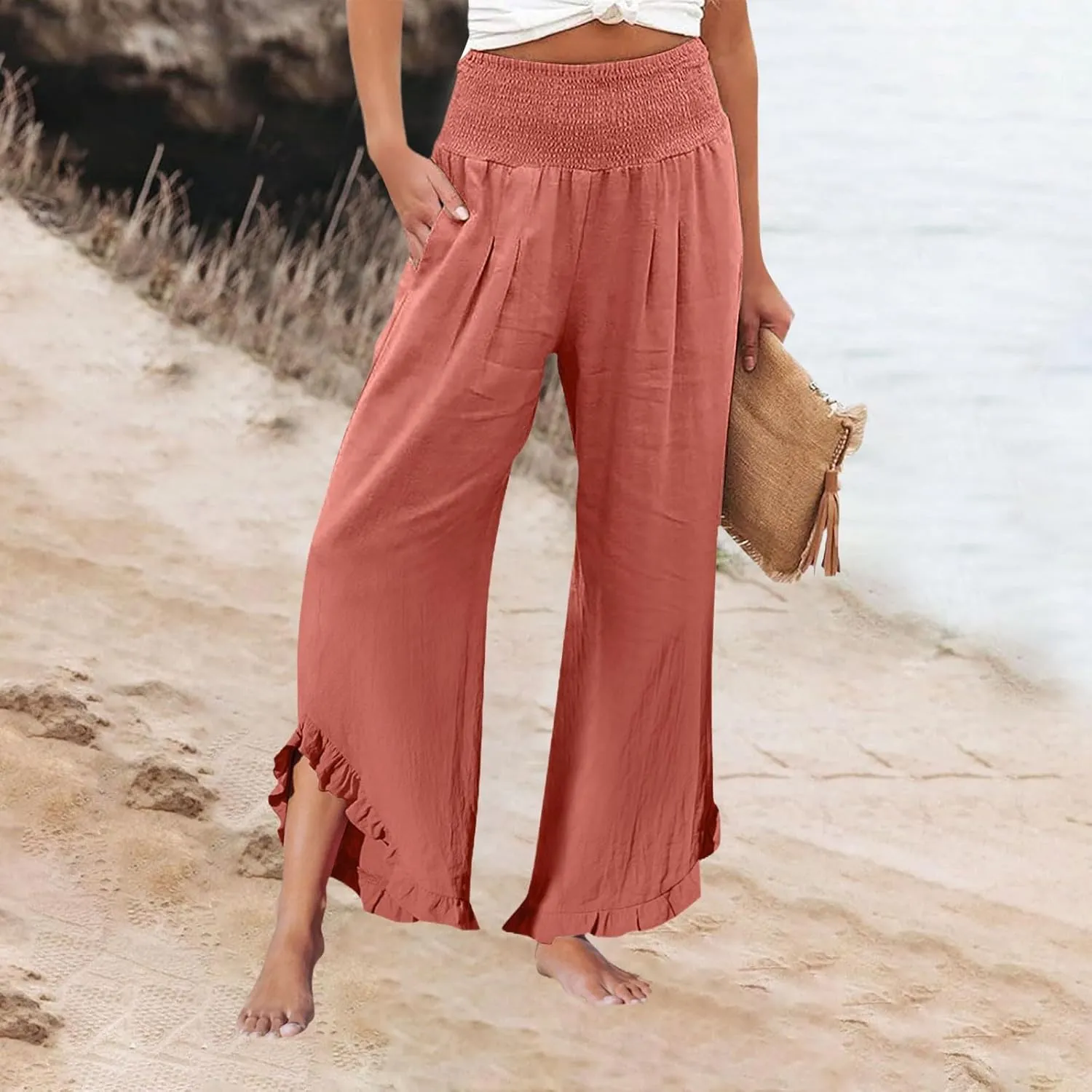 Linen Pants Women Summer Boho Wide Leg High Waist Lounge Palazzo Pant 2025 Casual Beach Vacation Outfits