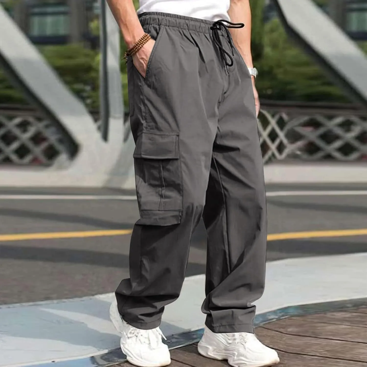Men's Casual Cargo Pants Elastic Waist Drawstring Baggy Pants Straight Leg Sweatpants with Pockets