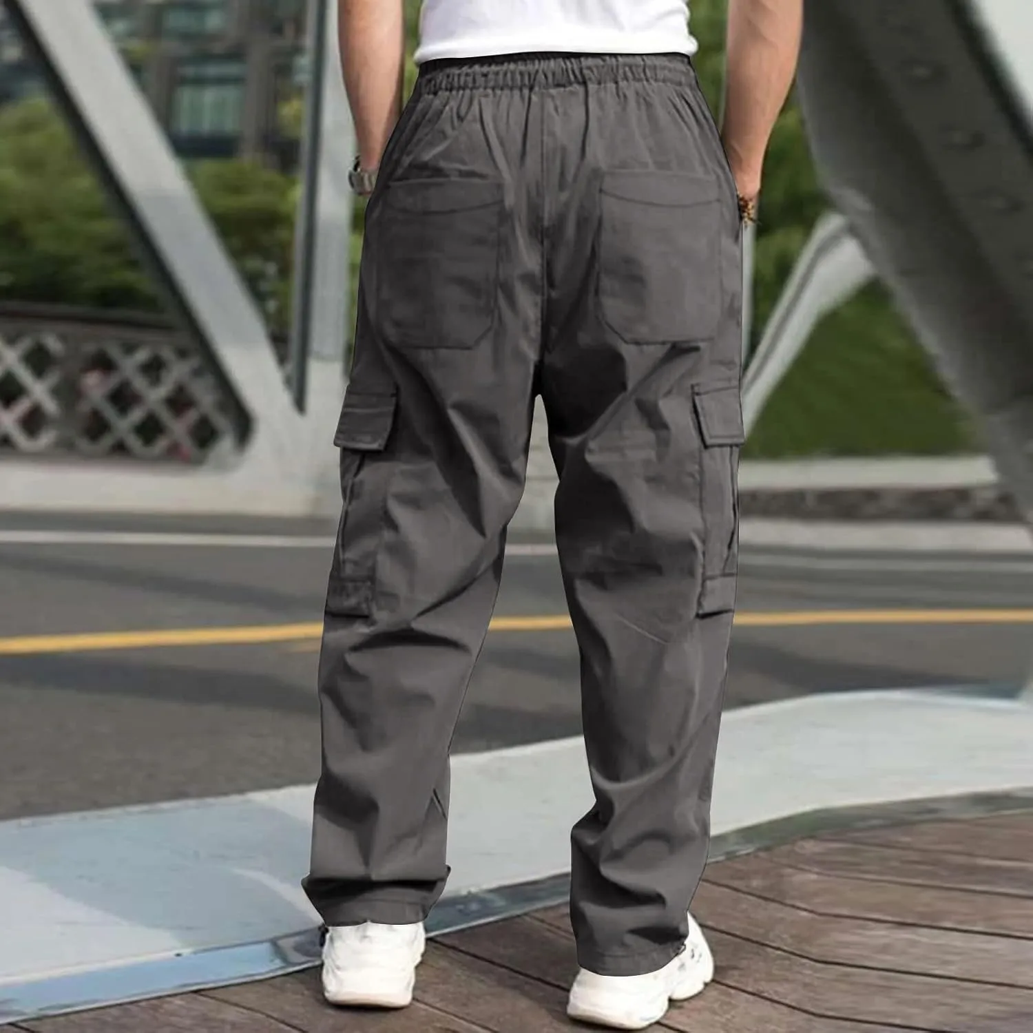 Men's Casual Cargo Pants Elastic Waist Drawstring Baggy Pants Straight Leg Sweatpants with Pockets