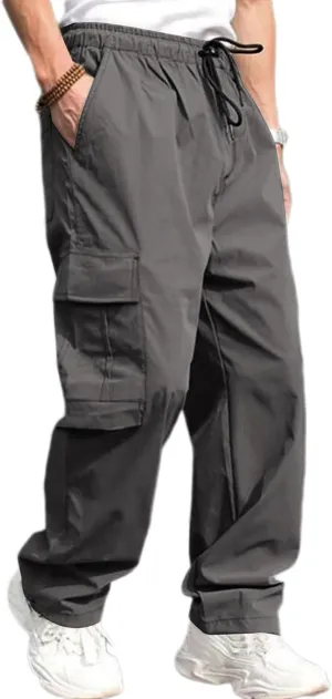 Men's Casual Cargo Pants Elastic Waist Drawstring Baggy Pants Straight Leg Sweatpants with Pockets