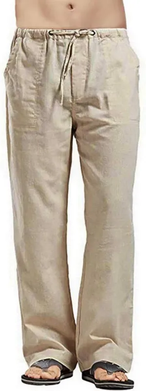 Mens Drawstring Casual Cotton Linen Pants Loose Elastic Waist Solid Comfy Lightweight Vacation Beach Lounge Trousers