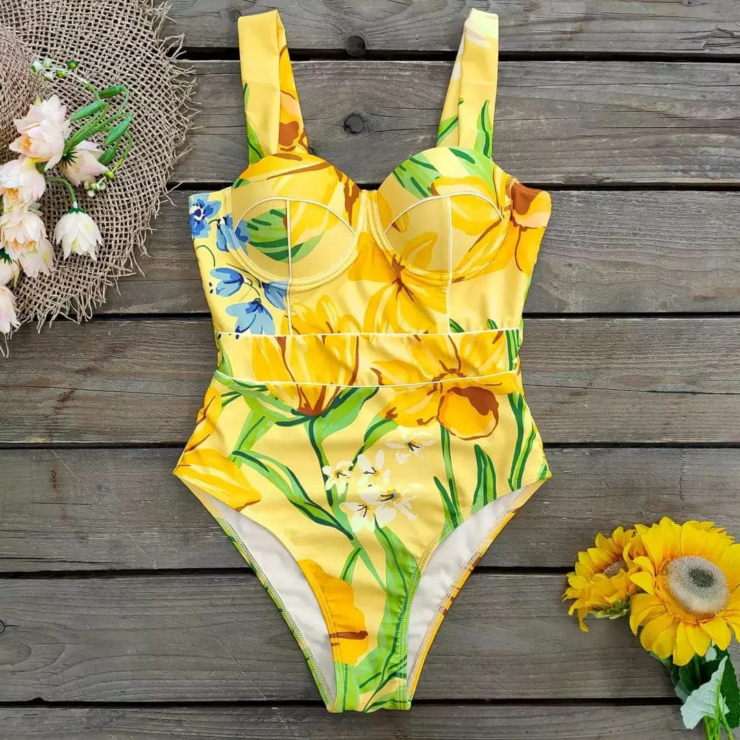 Monokini Tirantes Flores Amarillas y Azules