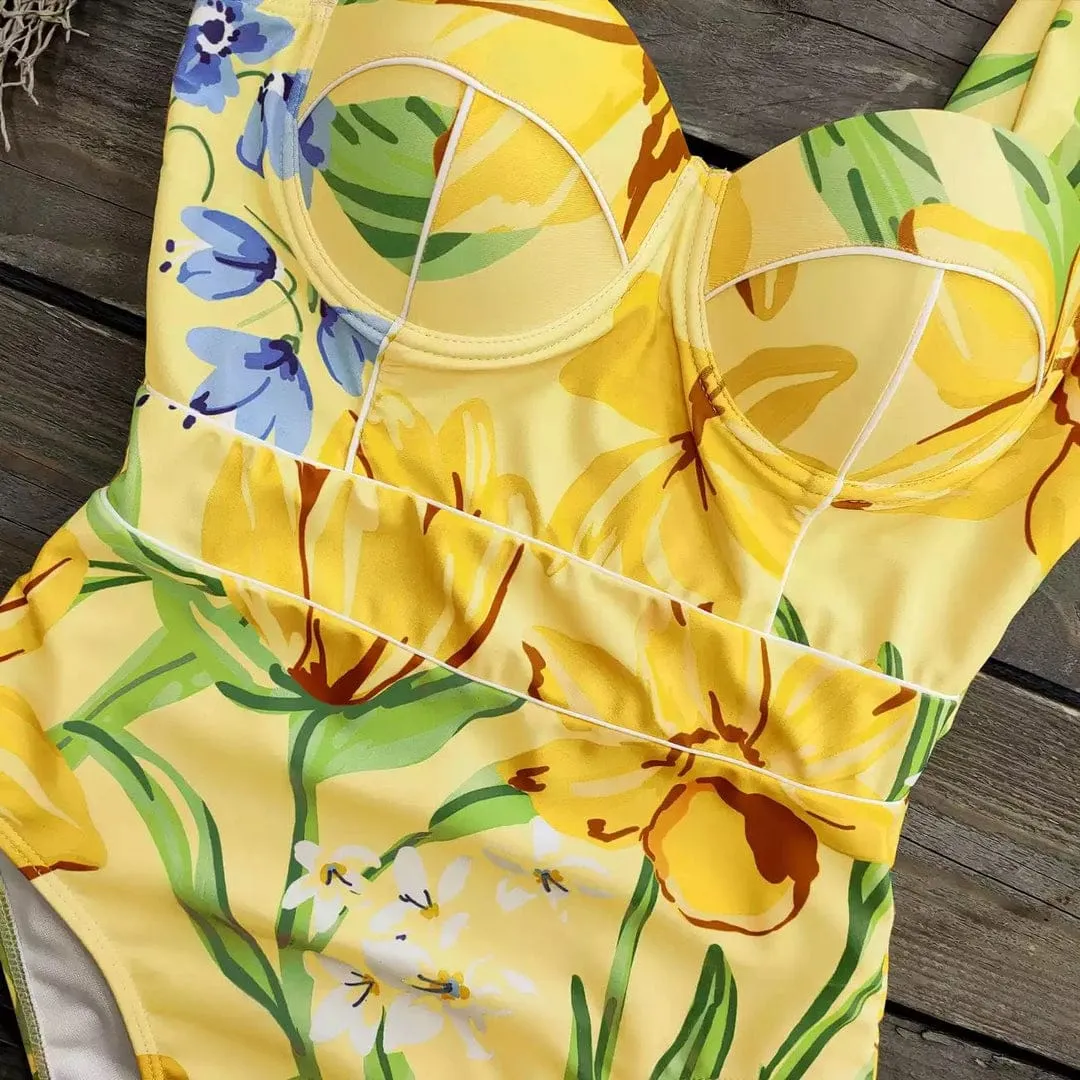 Monokini Tirantes Flores Amarillas y Azules