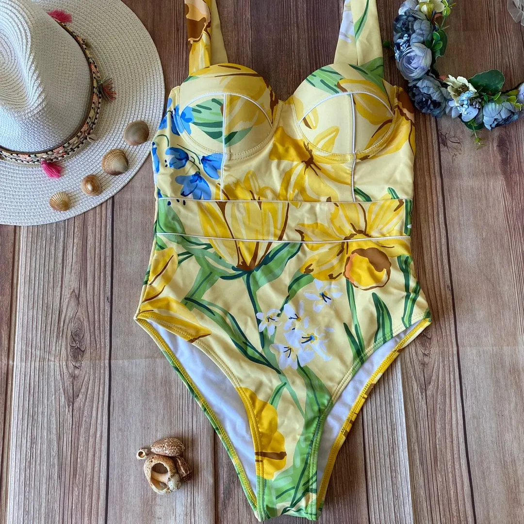 Monokini Tirantes Flores Amarillas y Azules