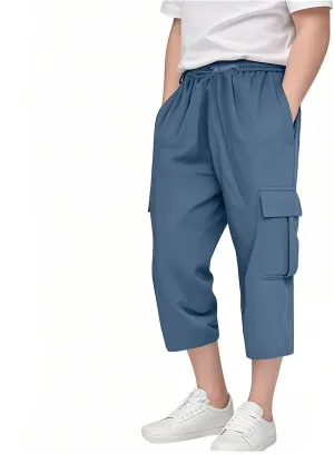 Moonker 3/4 Cargo Pants for Kids Boys Straight Wide Leg Trousers High Elastic Waist Solid Color Baby Cotton