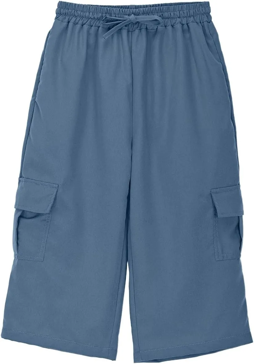 Moonker 3/4 Cargo Pants for Kids Boys Straight Wide Leg Trousers High Elastic Waist Solid Color Baby Cotton