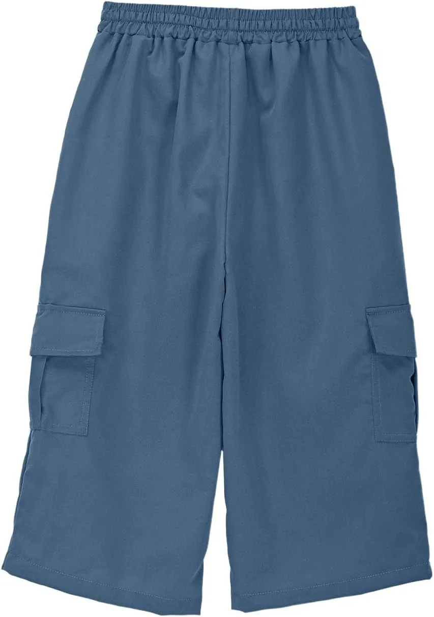 Moonker 3/4 Cargo Pants for Kids Boys Straight Wide Leg Trousers High Elastic Waist Solid Color Baby Cotton