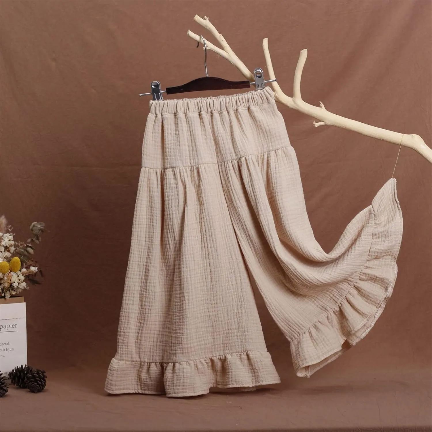Moonker Toddler Girls Linen Wide Leg Pants Baby Baggy Elastic Waist Casual Ruffle Trousers Summer Solid Dress