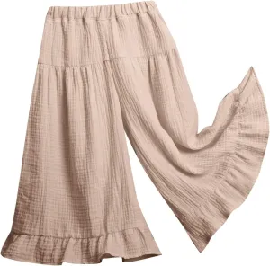 Moonker Toddler Girls Linen Wide Leg Pants Baby Baggy Elastic Waist Casual Ruffle Trousers Summer Solid Dress