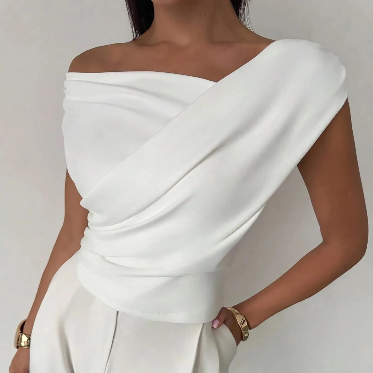 Off Shoulder Wrap Top Women Sleeveless Elegant Blouse Slim Fit Ruched Stretchy Tops Sexy Dressy Party Shirt