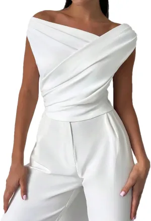 Off Shoulder Wrap Top Women Sleeveless Elegant Blouse Slim Fit Ruched Stretchy Tops Sexy Dressy Party Shirt