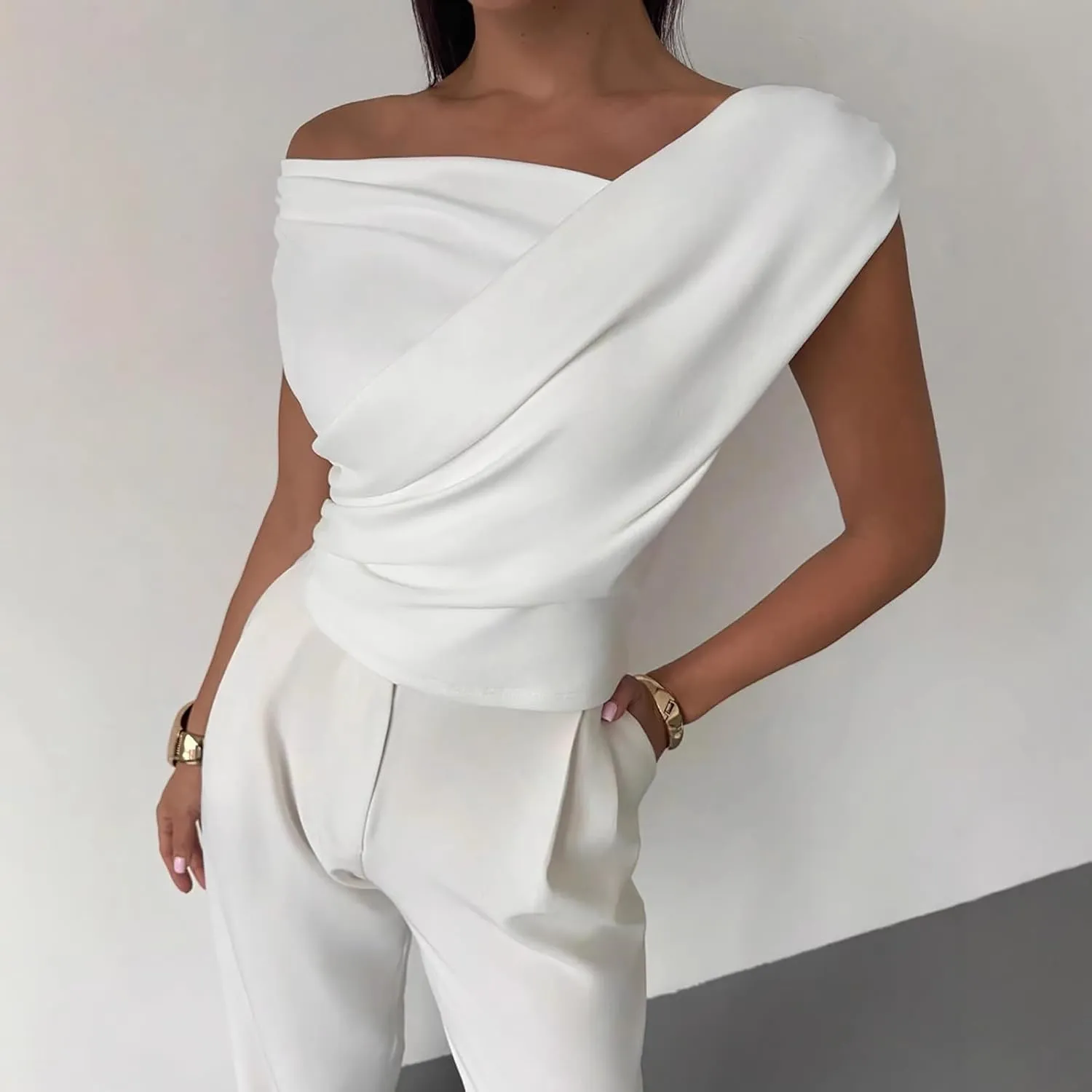 Off Shoulder Wrap Top Women Sleeveless Elegant Blouse Slim Fit Ruched Stretchy Tops Sexy Dressy Party Shirt