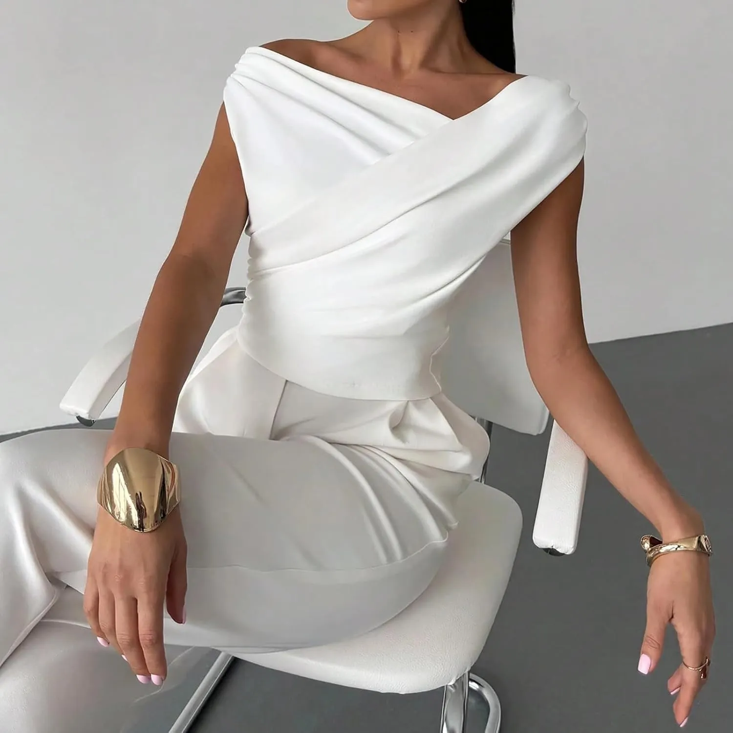 Off Shoulder Wrap Top Women Sleeveless Elegant Blouse Slim Fit Ruched Stretchy Tops Sexy Dressy Party Shirt