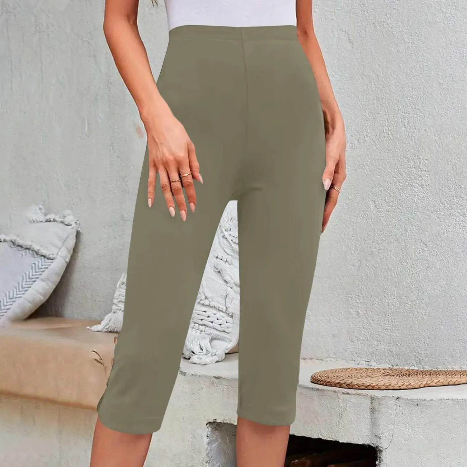 Oplxuo Capri Pants for Women Casual Summer Dressy Pull On Stretch High Waisted Buttons Slit Bottom Crop Work Leggings