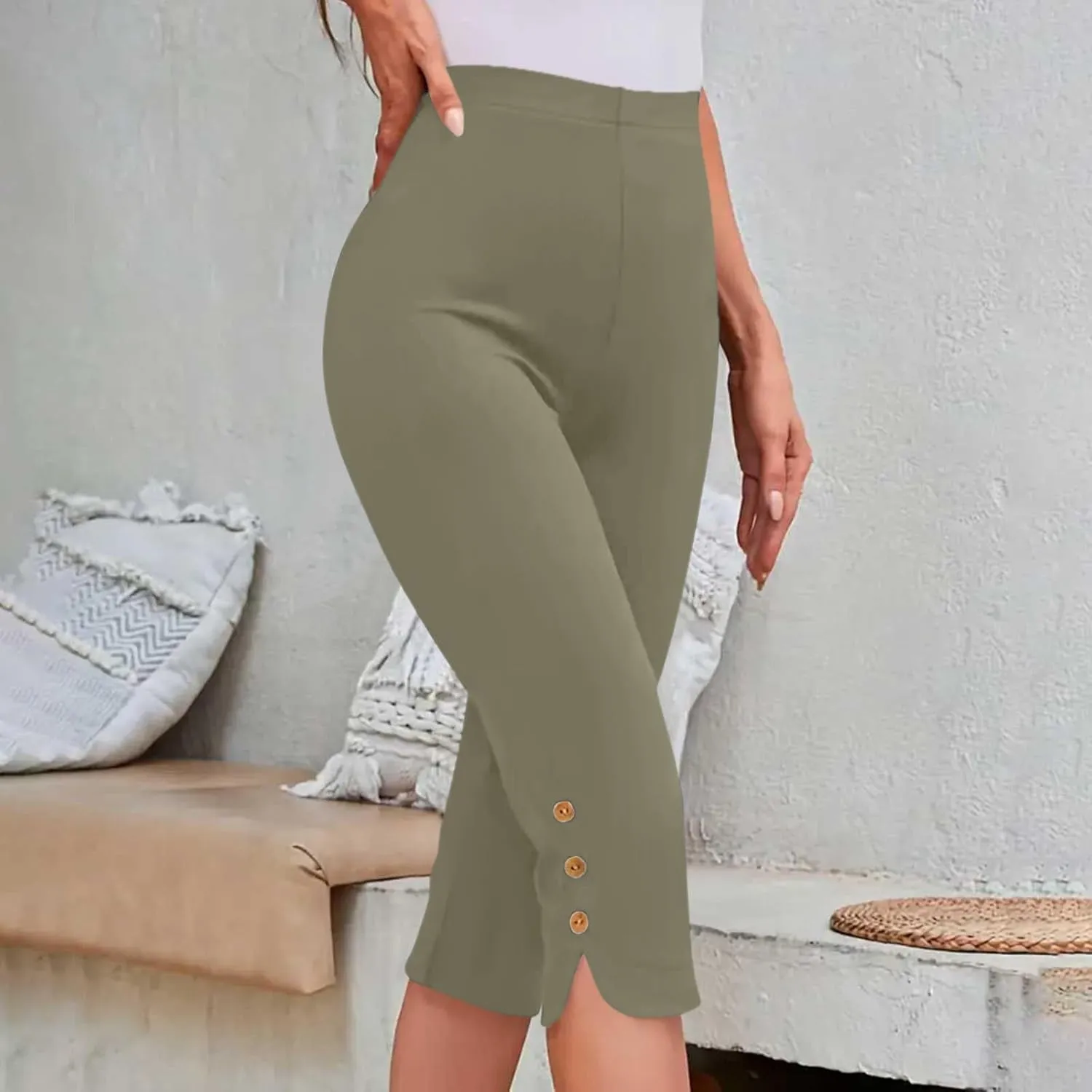 Oplxuo Capri Pants for Women Casual Summer Dressy Pull On Stretch High Waisted Buttons Slit Bottom Crop Work Leggings
