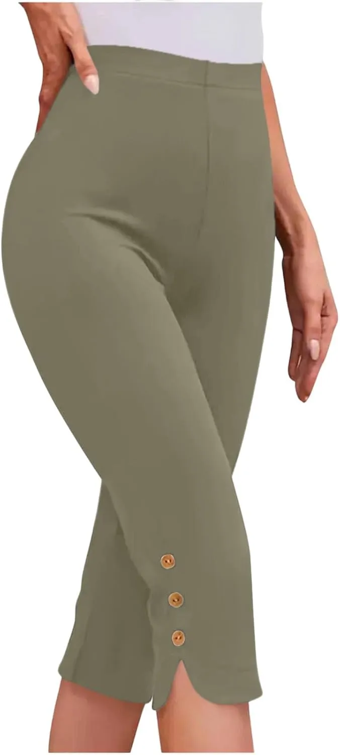 Oplxuo Capri Pants for Women Casual Summer Dressy Pull On Stretch High Waisted Buttons Slit Bottom Crop Work Leggings