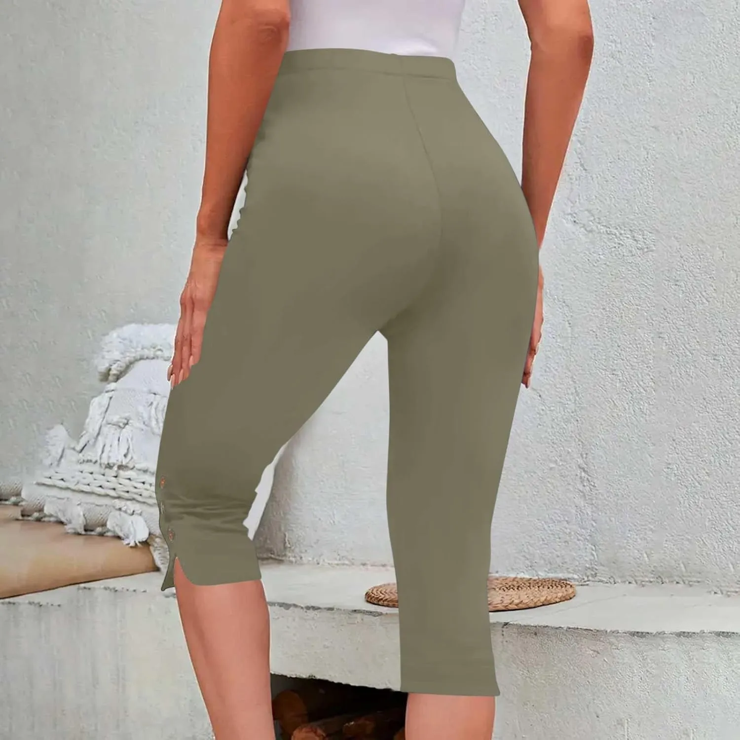 Oplxuo Capri Pants for Women Casual Summer Dressy Pull On Stretch High Waisted Buttons Slit Bottom Crop Work Leggings