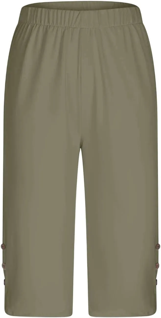 Oplxuo Capri Pants for Women Casual Summer Dressy Pull On Stretch High Waisted Buttons Slit Bottom Crop Work Leggings