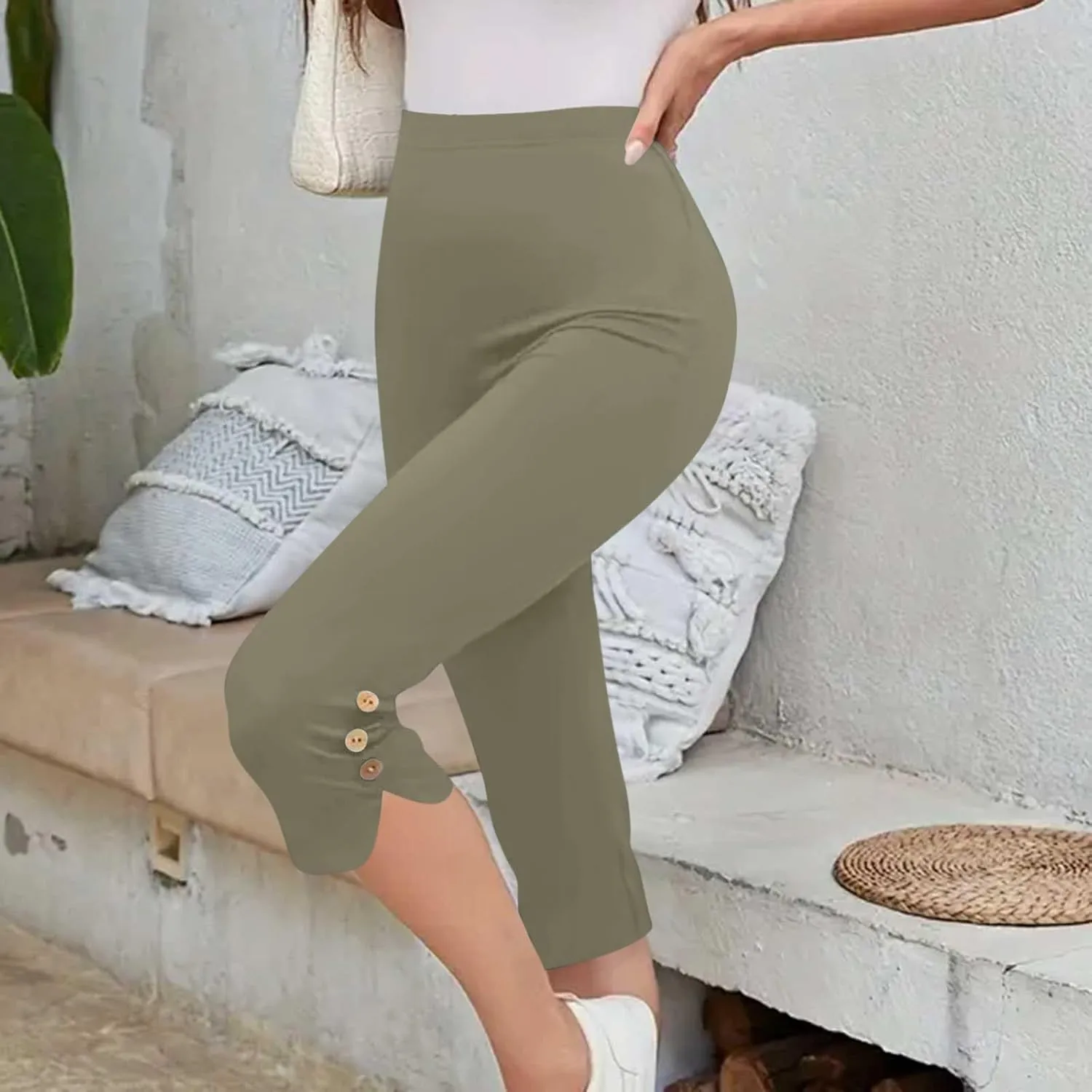 Oplxuo Capri Pants for Women Casual Summer Dressy Pull On Stretch High Waisted Buttons Slit Bottom Crop Work Leggings