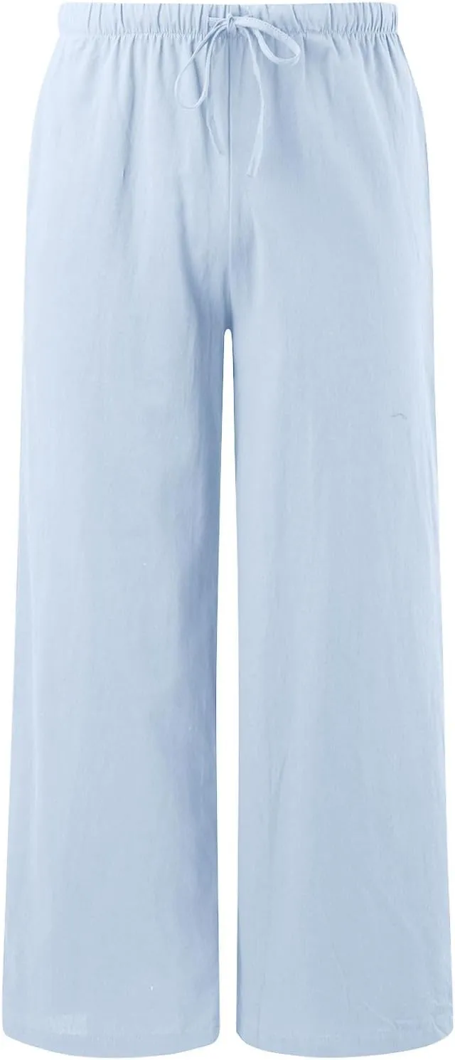 Palazzo Pants for Tall Women Summer Cotton Linen Pants Wide Leg with Pockets Drawstring Cozy Flowy Solid Color Trousers