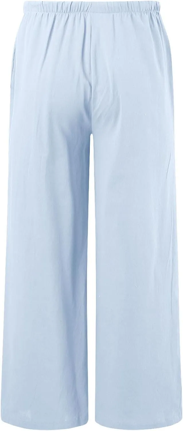 Palazzo Pants for Tall Women Summer Cotton Linen Pants Wide Leg with Pockets Drawstring Cozy Flowy Solid Color Trousers