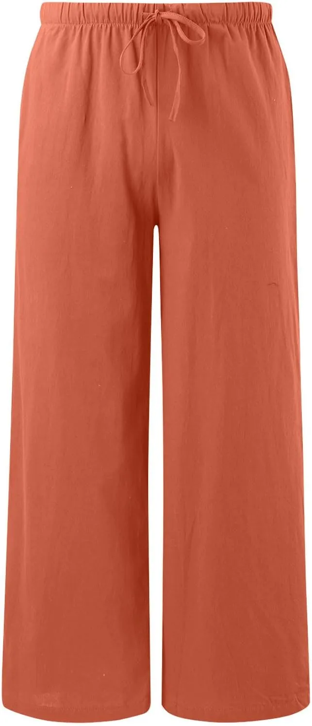 Palazzo Pants for Tall Women Summer Cotton Linen Pants Wide Leg with Pockets Drawstring Cozy Flowy Solid Color Trousers
