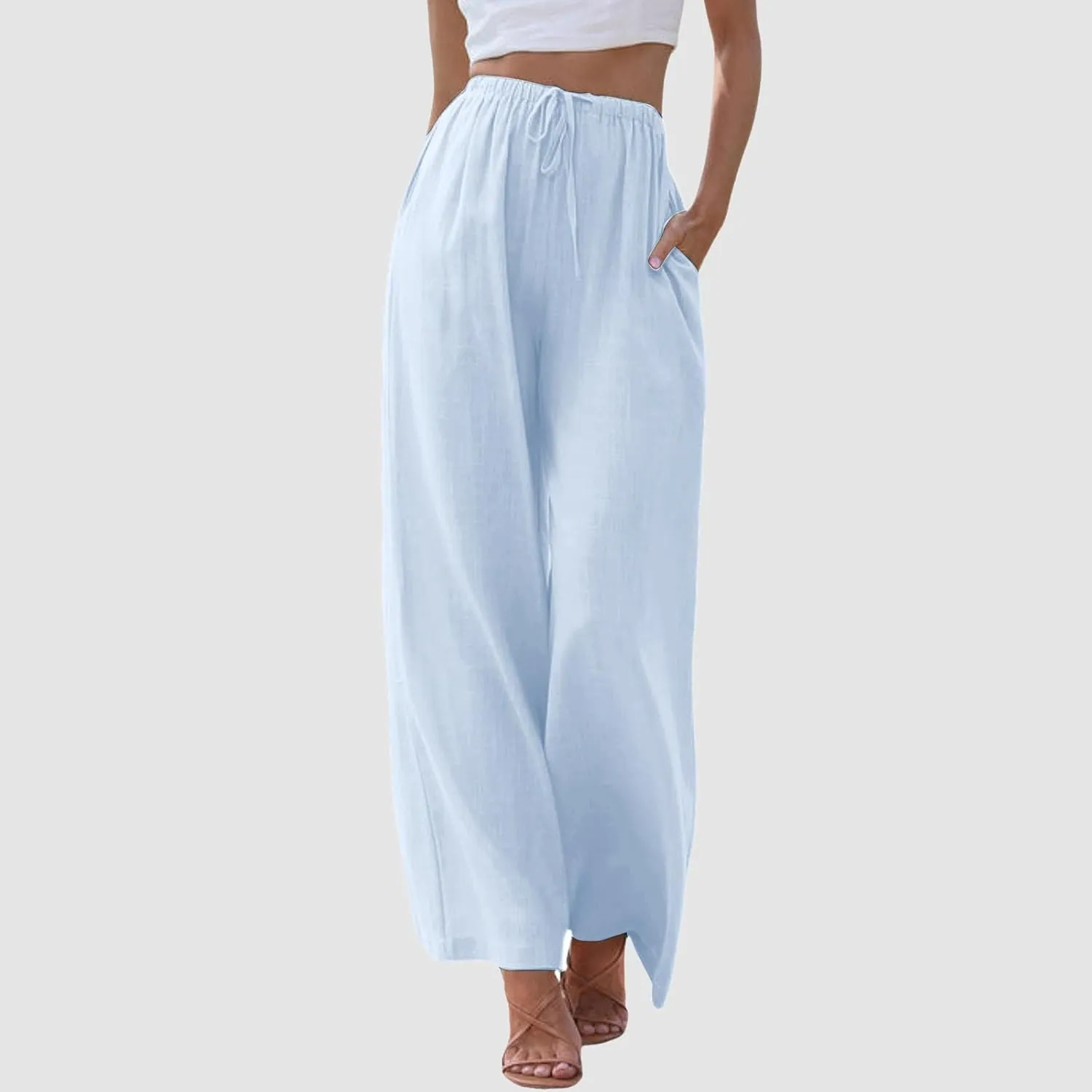 Palazzo Pants for Tall Women Summer Cotton Linen Pants Wide Leg with Pockets Drawstring Cozy Flowy Solid Color Trousers