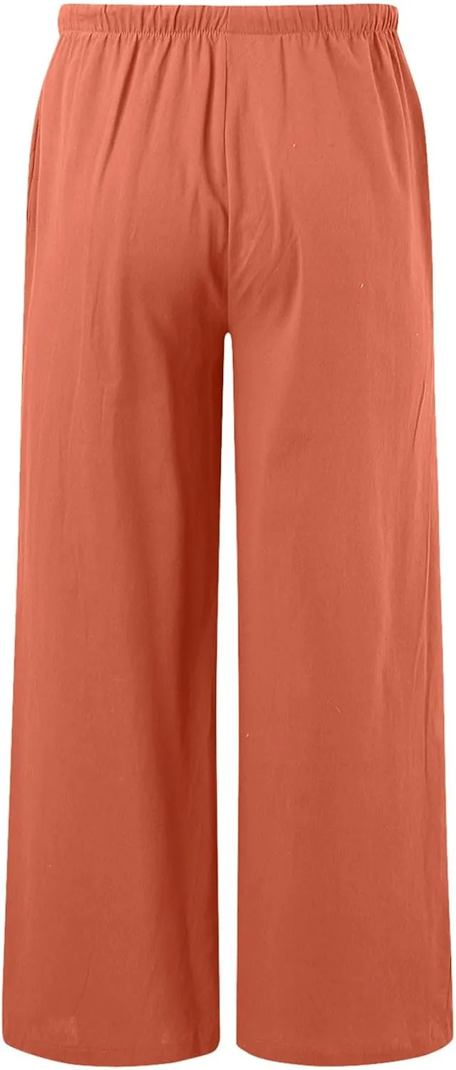 Palazzo Pants for Tall Women Summer Cotton Linen Pants Wide Leg with Pockets Drawstring Cozy Flowy Solid Color Trousers