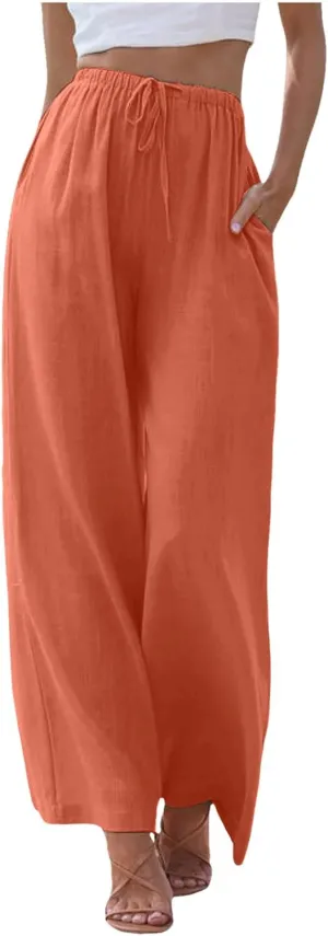 Palazzo Pants for Tall Women Summer Cotton Linen Pants Wide Leg with Pockets Drawstring Cozy Flowy Solid Color Trousers