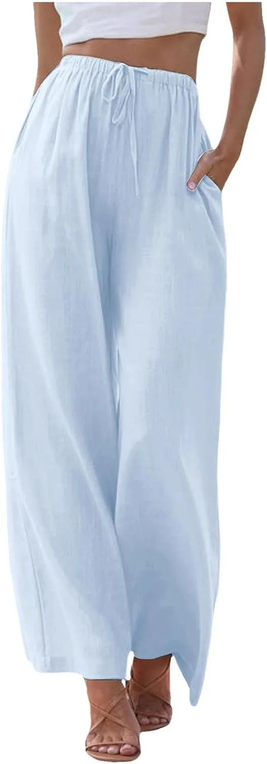 Palazzo Pants for Tall Women Summer Cotton Linen Pants Wide Leg with Pockets Drawstring Cozy Flowy Solid Color Trousers