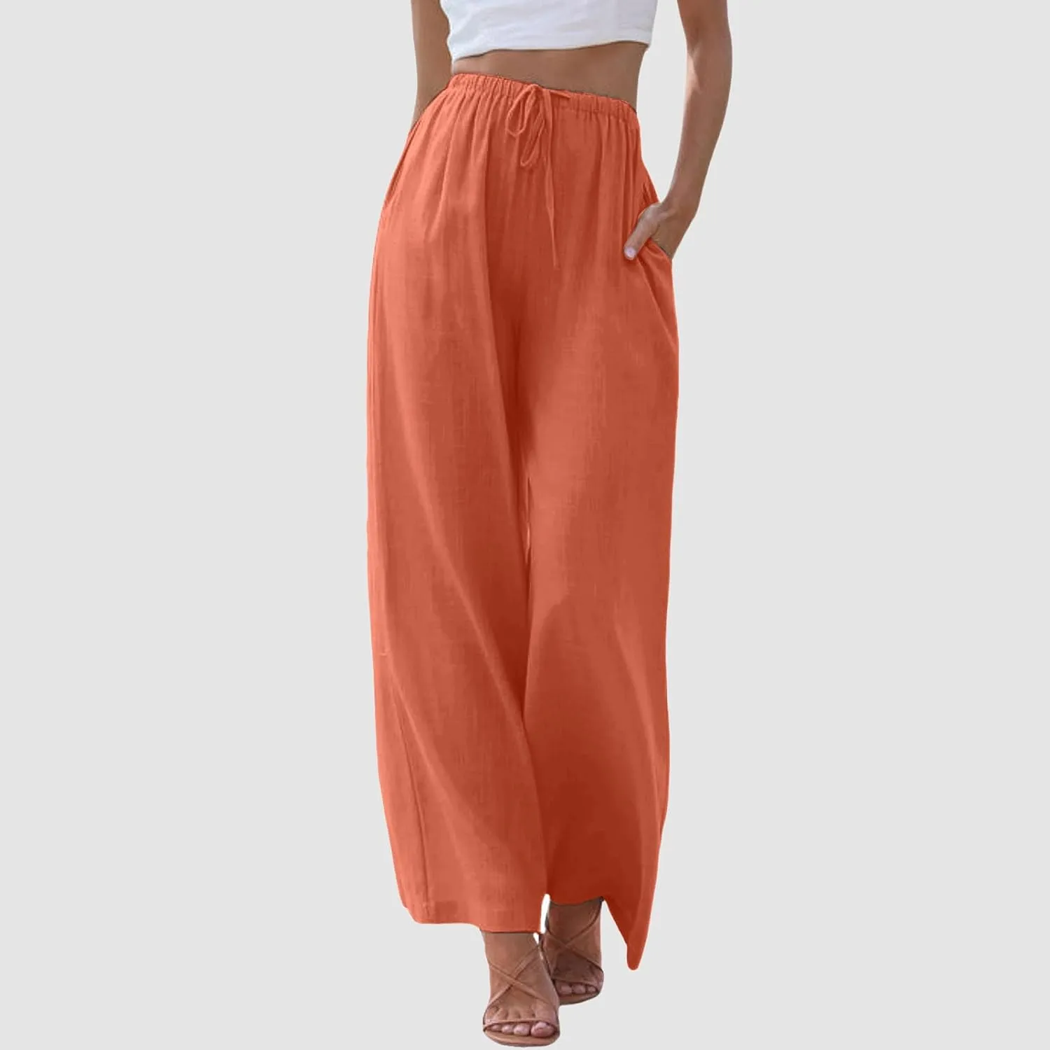 Palazzo Pants for Tall Women Summer Cotton Linen Pants Wide Leg with Pockets Drawstring Cozy Flowy Solid Color Trousers