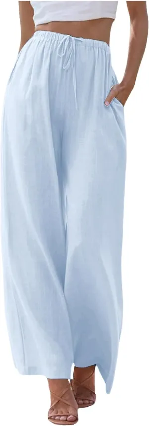 Palazzo Pants for Tall Women Summer Cotton Linen Pants Wide Leg with Pockets Drawstring Cozy Flowy Solid Color Trousers Palazzo Pants for Tall Women Summer Cotton Linen Pants Wide Leg with Pockets Drawstring Cozy Flowy Solid Color Trousers