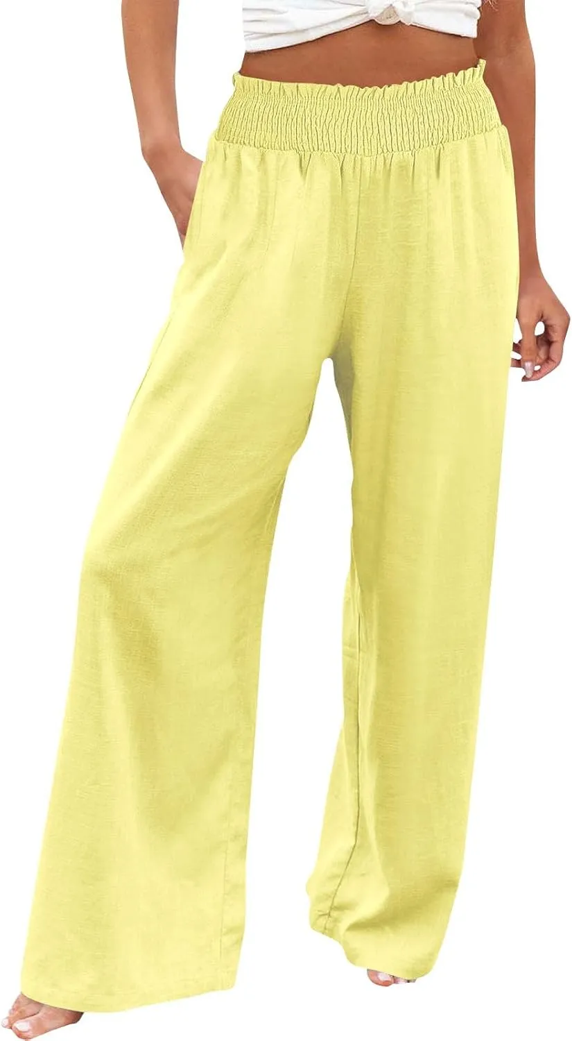 Palazzo Pants for Women Womens Linen Pant Elastic High Waist Drawstring Cotton Wide Leg Trousers with Pocket