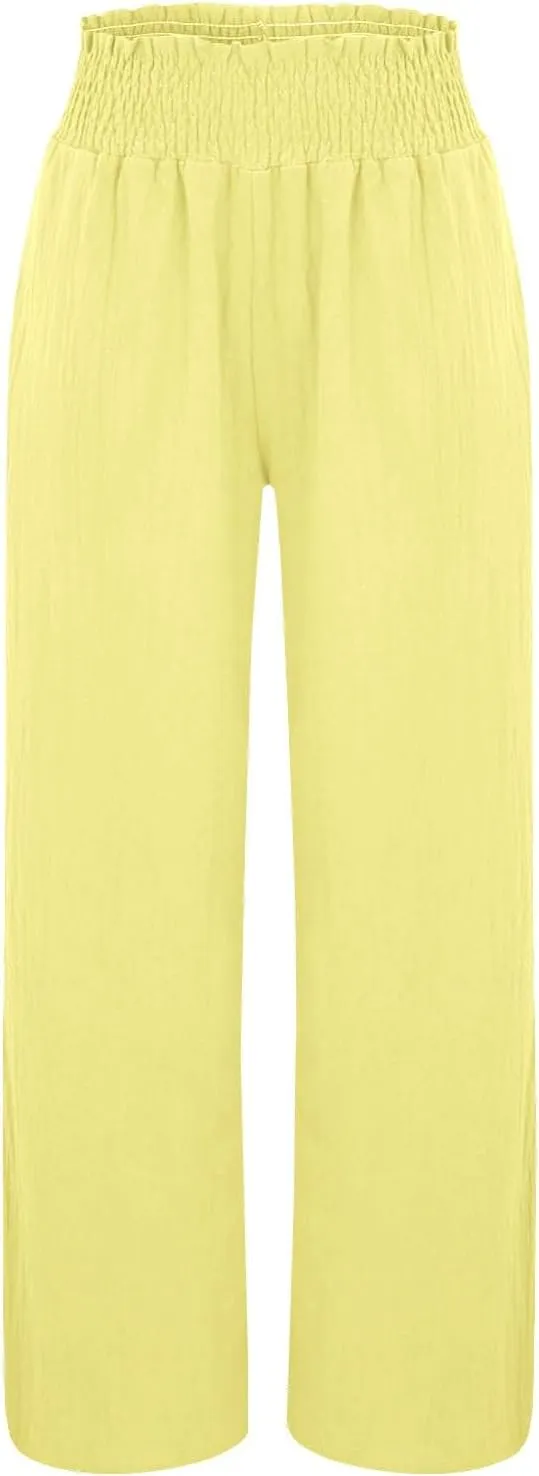 Palazzo Pants for Women Womens Linen Pant Elastic High Waist Drawstring Cotton Wide Leg Trousers with Pocket