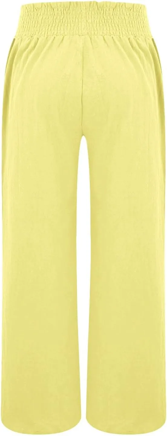 Palazzo Pants for Women Womens Linen Pant Elastic High Waist Drawstring Cotton Wide Leg Trousers with Pocket
