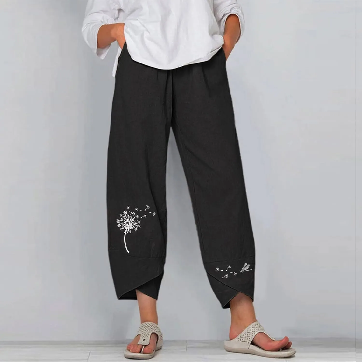 Rvidbe Linen Pants Women Summer Wide Leg Casual Loose Drawstring Pants Lounge High Waist Palazzo Pants Trousers with Pockets