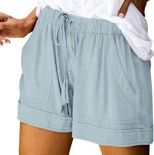 Summer Shorts for Women Trendy High Waisted Plus Size Linen Shorts Drawstring Elastic Wide Leg Short with Pockets