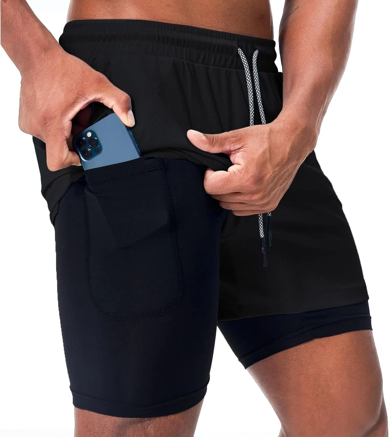 Surenow Men's Running Shorts Quick Dry Workout Gym Shorts Athletic 2-in-1 Stealth Shorts Outdoor Short for Men with Pockets